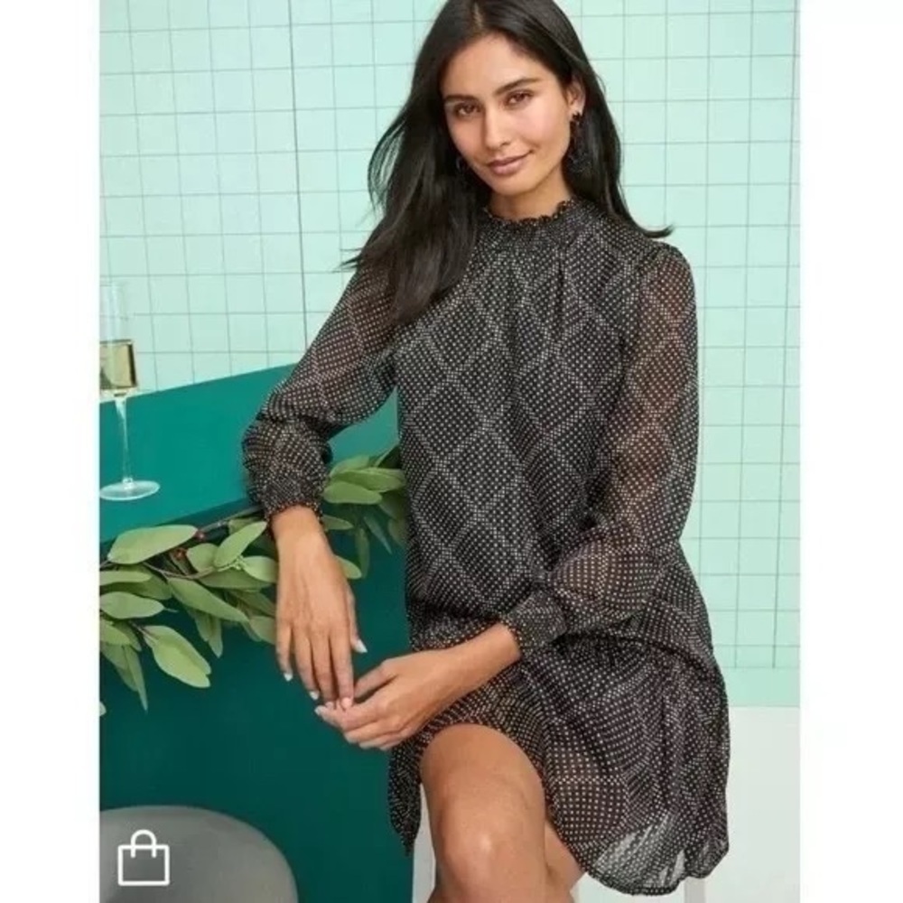 J. Crew Factory Polka Dot Ruffle Tiered Mini Dress Black Gold sz S Holiday Party